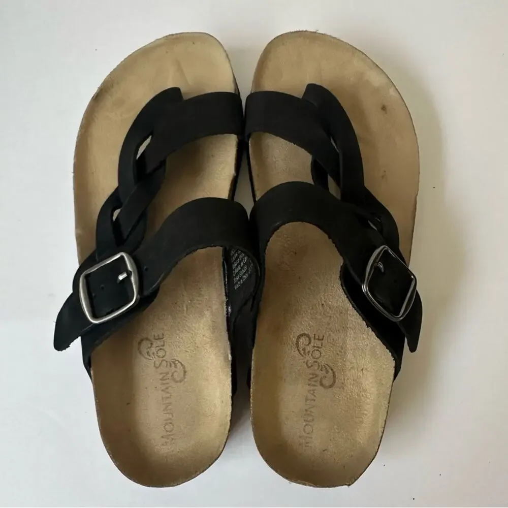 Mountain Sole Black Leather Braided Strap Sandals US 8 Cork Footbed Buckle